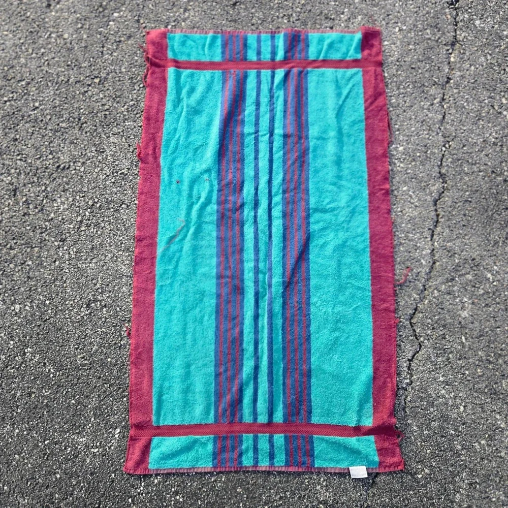 VTG JCPenney Beach Towel Teal Burgundy Striped Pima Cotton Thrashed Distress USA